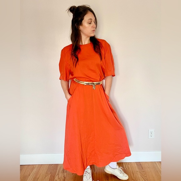 Vintage Coral/Orange Midi Dress with Belt - Picture 1 of 5